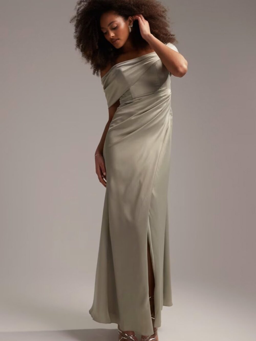 ASOS DESIGN Bridesmaid Satin Bardot Drape Wrap Maxi Dress, US 10